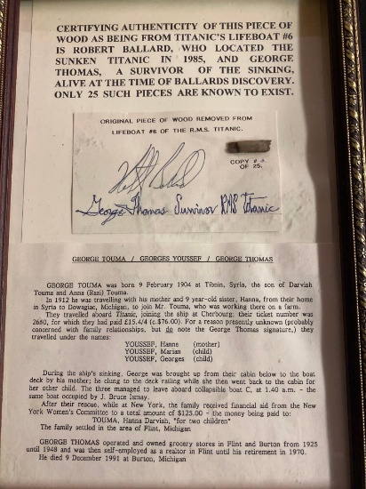 Framed original piece of wood from Titanic's lifeboat #6, signature of survivor (George Thomas) &