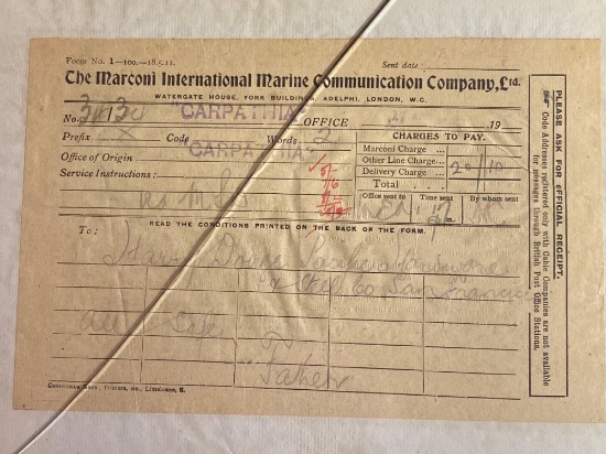 April 17, 1912 Marconi Marine Communication from the "Carpathia" cruise ship regarding "all safe"
