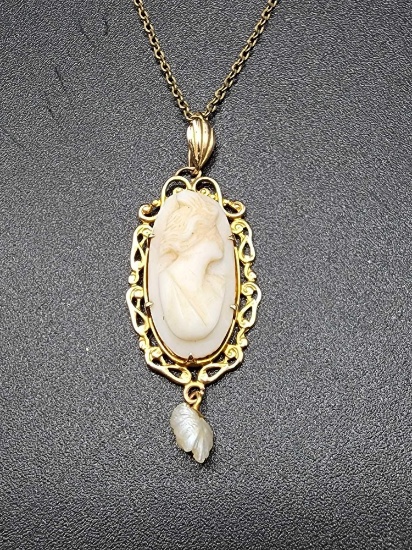 Antique 10k gold cameo lavaliere necklace