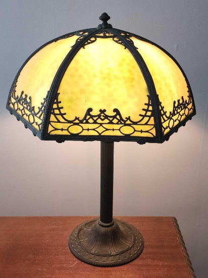 Antique slag glass table lamp, signed MLCO
