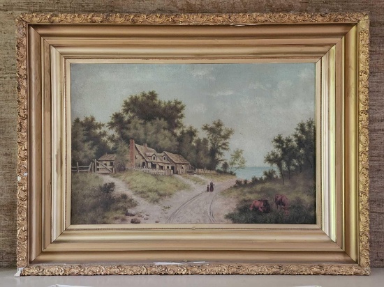 19th century Antique oil painting of landscape: people, cows and house