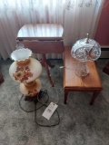 Electrified Oil Lamp, Small Glass Lamp, Fold Top End Stand, & Small Bench