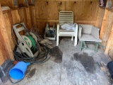hose reels, patio chairs, wood wheelbarrow