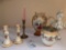 English vase, English biscuit jar, pair candle holders, plaster lady bust