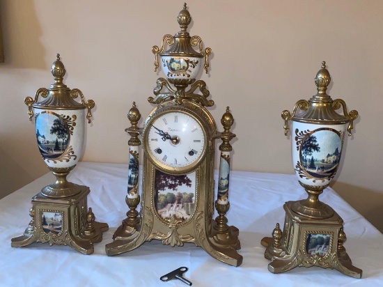Imperial brass & porcelain 16.5" tall clock w/ matching garnitchers, Fran's H. two jewel works.