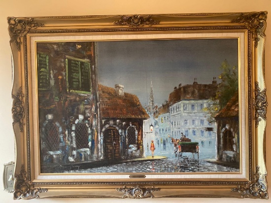 Signed oil/canvas of horse drawn wagon street scene, 44.5" x 32" frame size.
