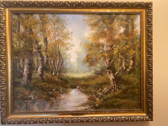 Lyda D. Davis signed oil/canvas, "Autumn Hues", 34" x 27.5" frame.