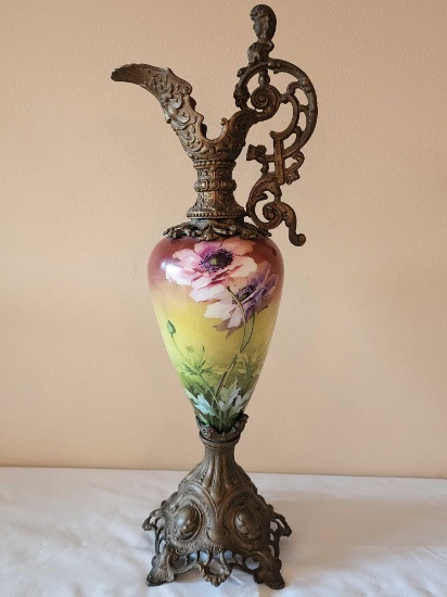 Antique enamel glass and metal urn / ewer