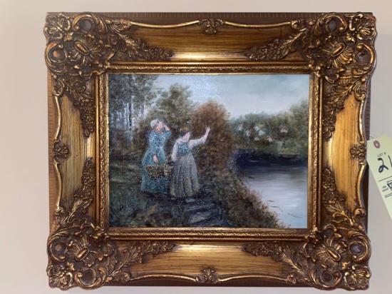 Davis signed oil/canvas of two ladies & man, 21.5" x 18.5" frame.
