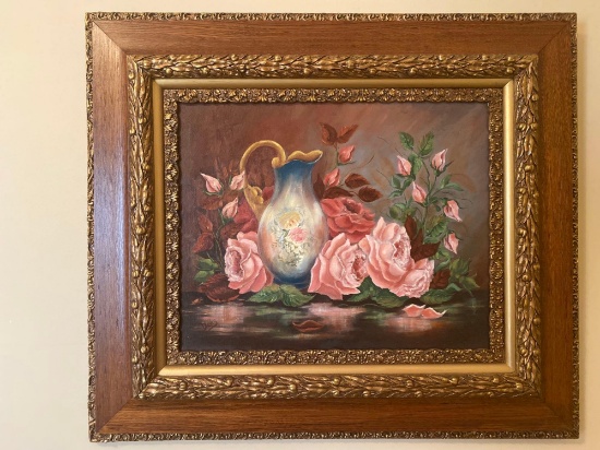 Davis original oil/canvas of pitcher w/ roses, 31" x 25.5" antique frame.