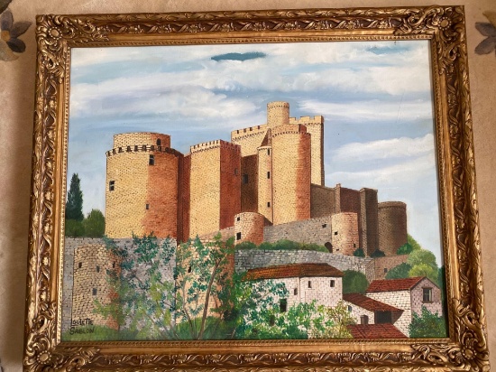 Loulette Sablon signed original oil/canvas castle scene, 34" x 28" frame.