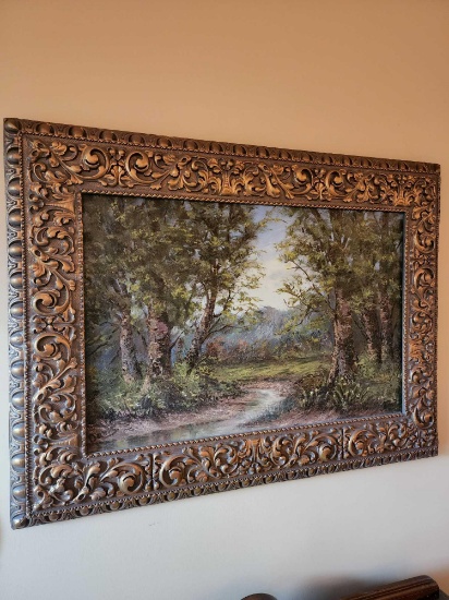 Original moody landscape oil painting on canvas in ornate frame