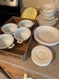 Partial set Pfaltzgraff & Corelle dishes, egg plate, bowls.