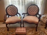 pair Victorian chairs with queen ann legs and foot stool