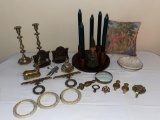 candle stand - book ends - brass items - shoe pin cushion