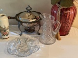 cherub lamp - lg pink vase - oriental vases - glass pitcher and plate