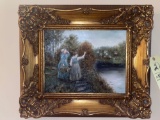 Davis signed oil/canvas of two ladies & man, 21.5