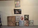 assortment of paintings by Davis - painting hangers, lamps and light bulbs