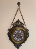 Old unmarked brass wall clock w/ porcelain Roman numerals, 26.25