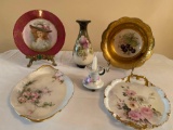 Hand painted French trays & plate, candle holder, English vase