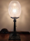 Antique desk lamp with acid cut lily of valley glass shade