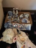 Assorted glassware and linens mostly Delft