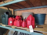 assorted fuel cans, planters