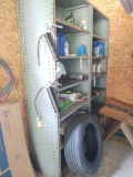 two metal shelves and Contents including assorted oils, tire and grease guns
