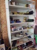 metal shelf and contents including assorted hardware, tools and lights