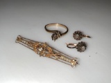 Vintage Gold Jewelry, Brooch, Ring, Earrings with Diamonds