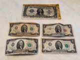 (1) One Dollar Silver Certificates, (4) Two Dollar Bills