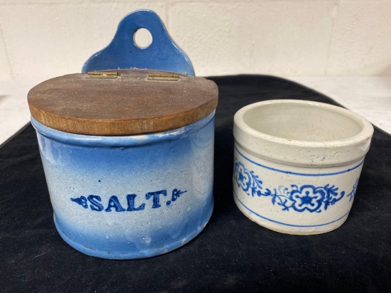 Antique "Salt" crock, small blue decorated stoneware jar (has hairline crack).