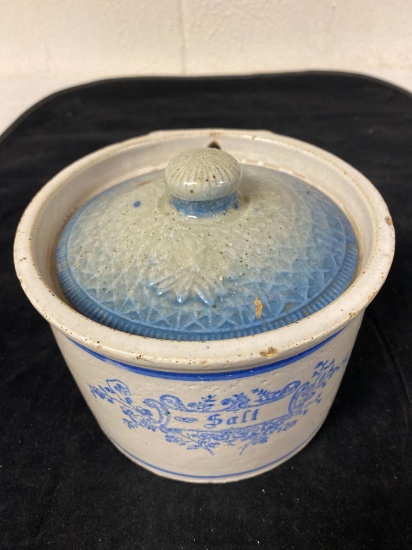 Antique stoneware "Salt" crock w/ lid (may be marriage).
