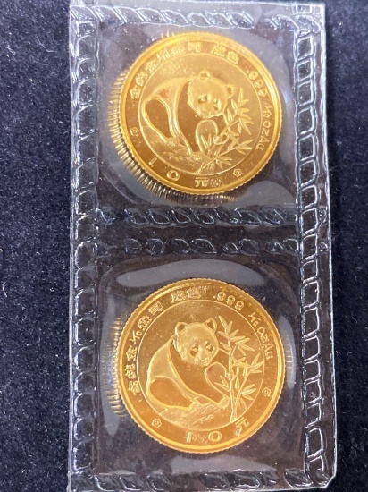 (2) 1988 Chinese Panda 10 gold coins, each 1/10th oz.