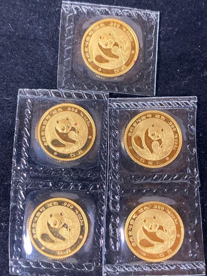 (5) 1988 Chinese 5 Panda 1/20th oz. gold coins. Bid times five.