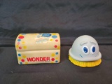 Rubber Wonder Bread bank and Scrubbing Bubbles figure