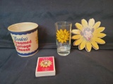 Bordens Dairy Cottage Cheese, playing cards, cardboard advertising and drinking glass