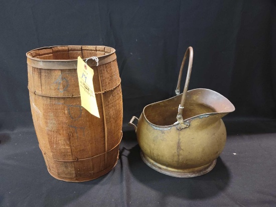 Wood nail keg and brass scuttle bucket