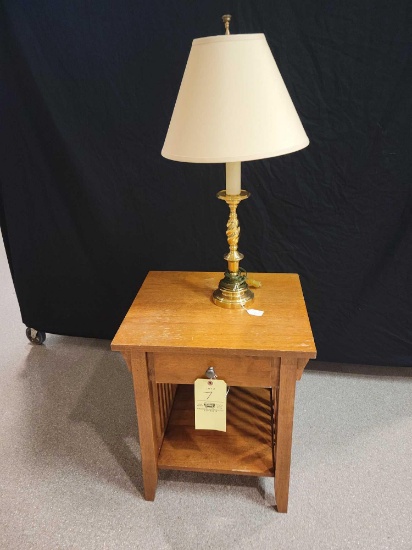 Modern one drawer end table with drawer and brass lamp with shade