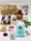 Lot: old seed pearl pin, ring, postcards, marbles, inkwells