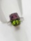 Large pink to green stone sterling silver ring, size 7