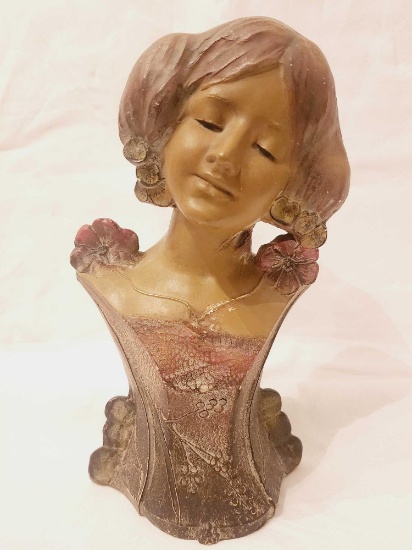 Art Nouveau lady bust, signed, 11" tall