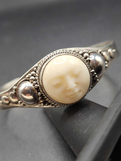Signed NOVICA sterling silver carved moon face cameo cuff bracelet