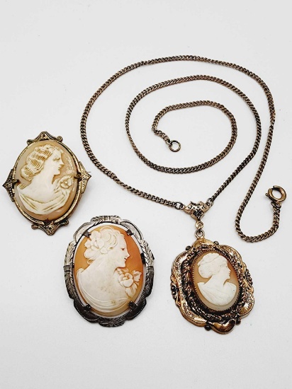 (2) vintage carved cameo pins, 1 necklace