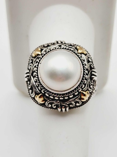 Designer signed 18k gold, sterling silver, Mabe pearl ring