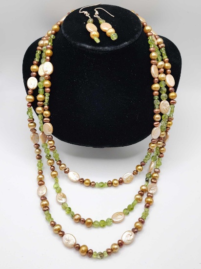 Colored pearls & peridot beaded 20" necklace and earrings