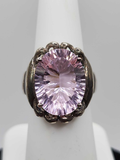 Large fantasy cut pink amethyst sterling silver ring, size 6