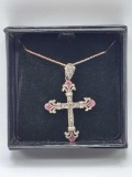 Sterling silver ruby and marcasite cross necklace