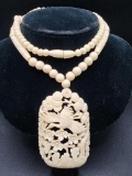 Carved Chinese swan beaded pendant necklace