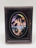 Vintage butterfly wing picture of tropical landscape in small frame